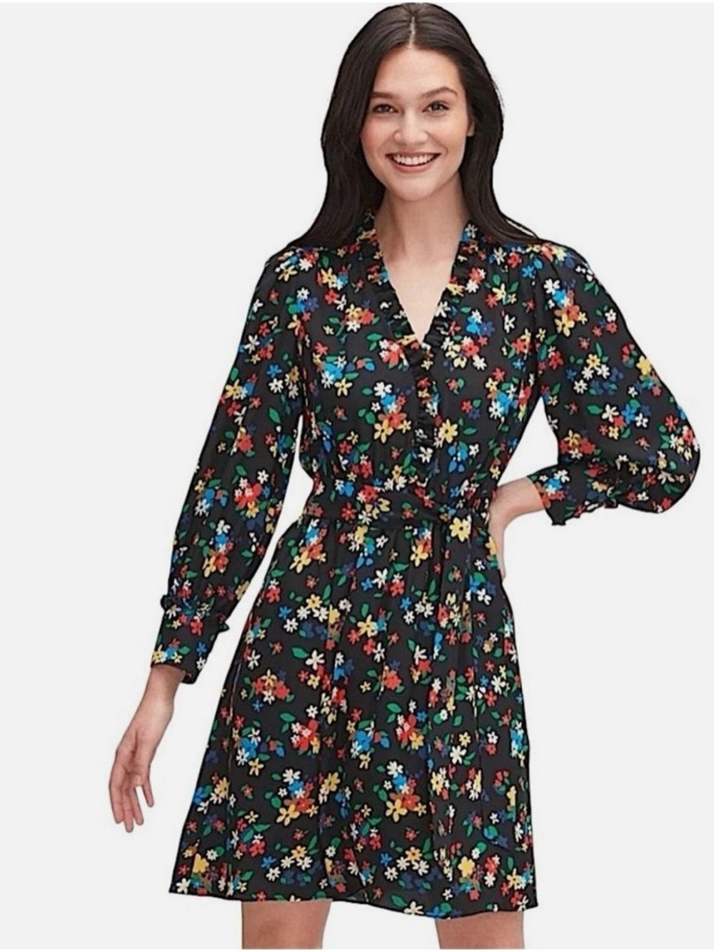kate spade Black Floral V-Neck Long Sleeve Dress with Multicolor Blooms